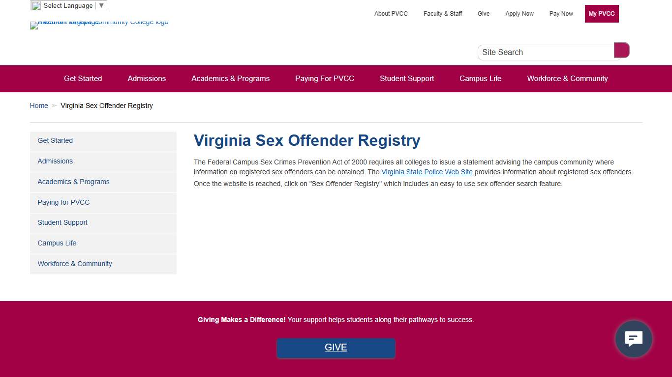 Virginia Sex Offender Registry | Piedmont Virginia Community College